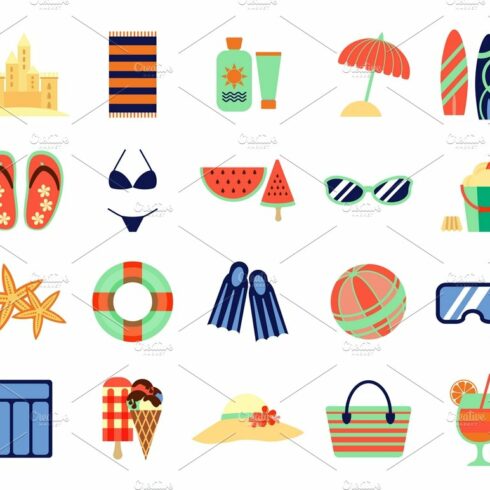 Beach summer vacation flat icons cover image.