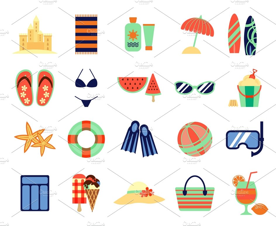Beach summer vacation flat icons cover image.