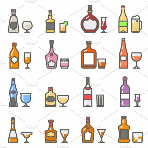 Alcohol bottles and glasses icons cover image.