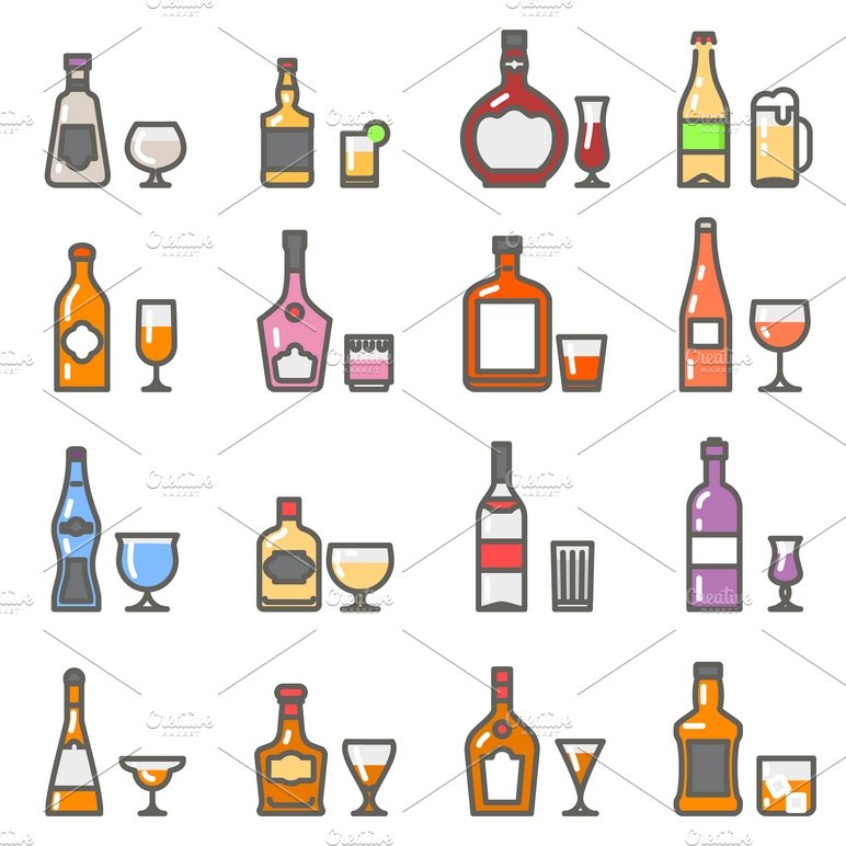 Alcohol bottles and glasses icons cover image.