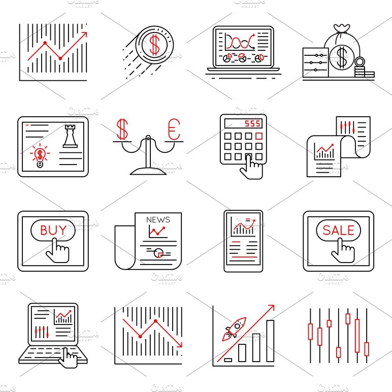 Finance and stock line icons cover image.