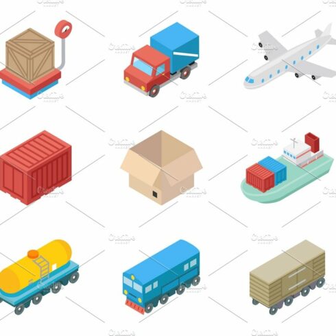 Isometric cargo transportation icons cover image.