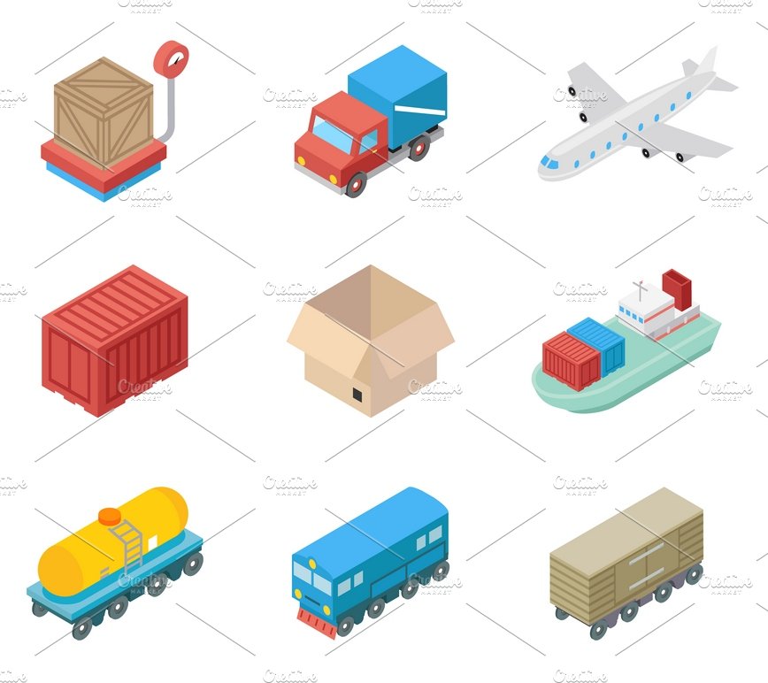 Isometric cargo transportation icons cover image.