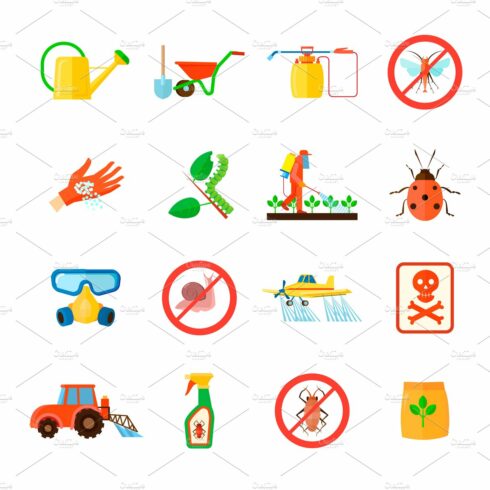 Pesticides and fertilizers icons set cover image.