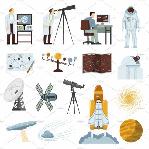Astronomy research equipment icons cover image.