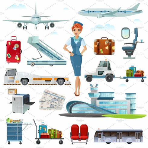 Airport flight attributes icons set cover image.