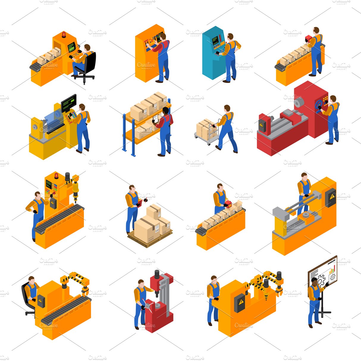 Factory workers isometric icons set cover image.