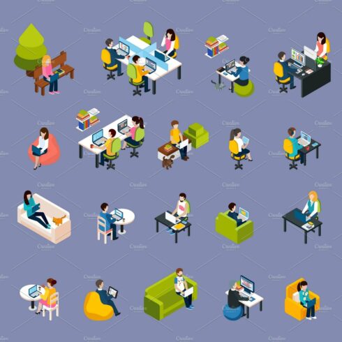 Coworking people isometric icons set cover image.