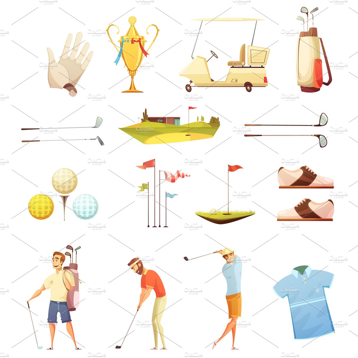 Golf retro cartoon icons cover image.