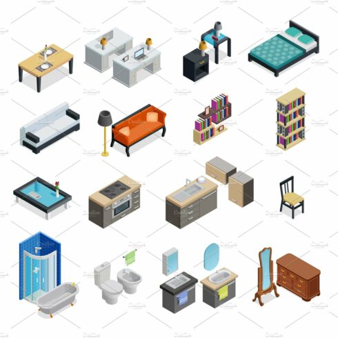 Interior isometric objects set cover image.
