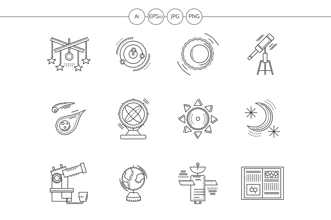 Astronomy flat line vector icons cover image.