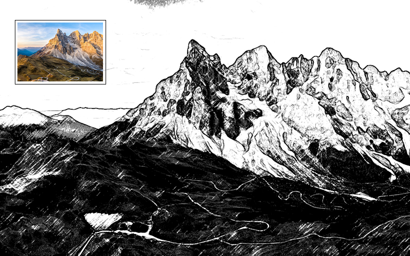 Black and white drawing of a mountain range.