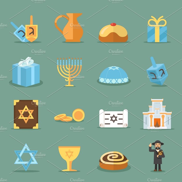 Jewish flat icons cover image.