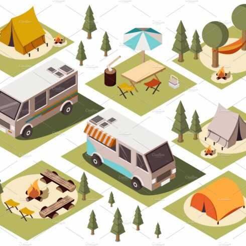 Isometric set of camp elements cover image.
