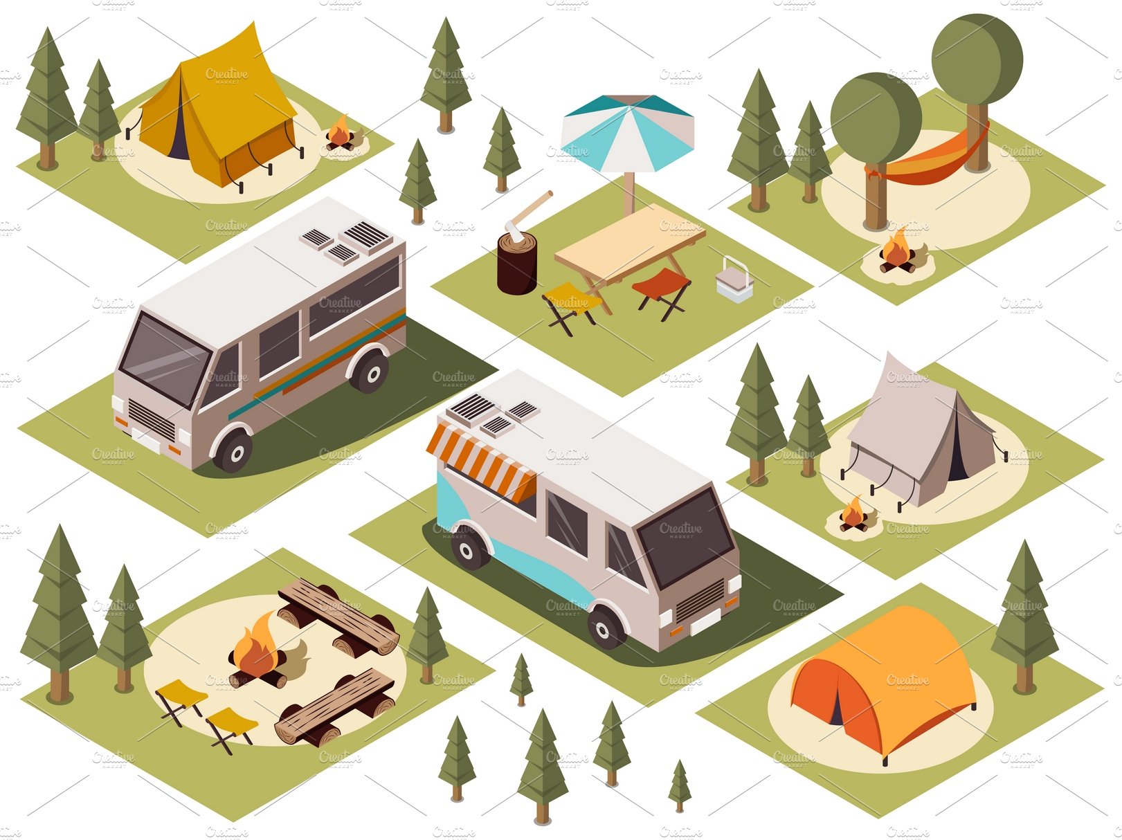 Isometric set of camp elements cover image.