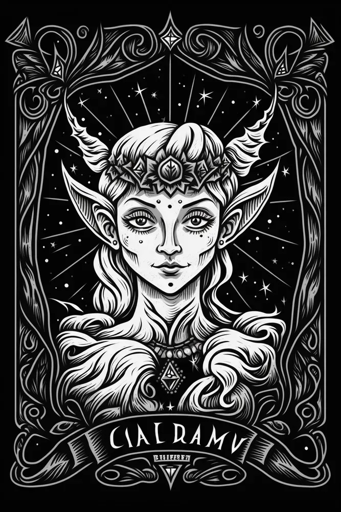 Black and white illustration of a woman with horns.