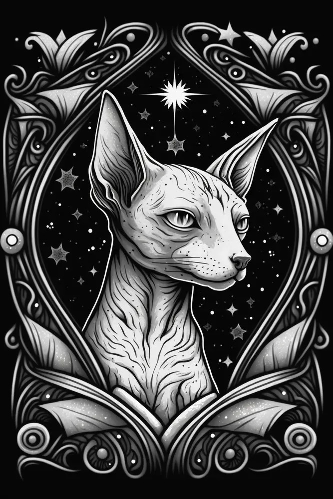 Drawing of a cat with stars in the background.