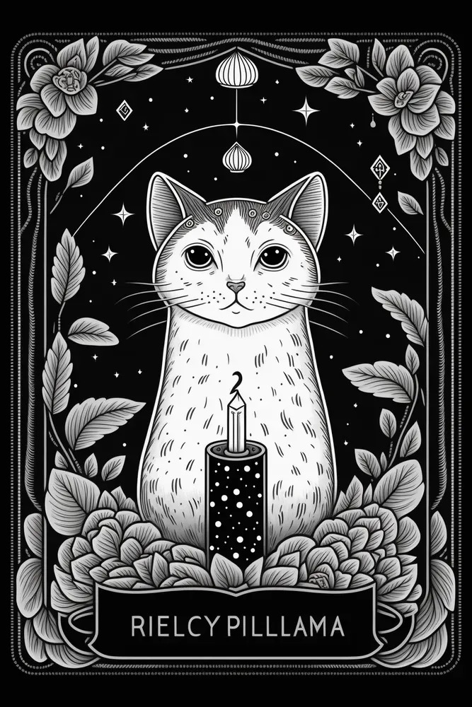 Black and white drawing of a cat with a candle.