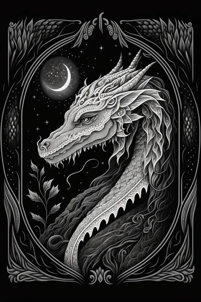 Drawing of a dragon with a moon in the background.