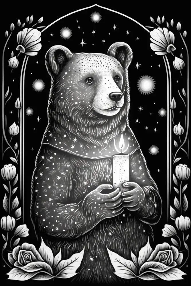 Black and white drawing of a bear holding a candle.