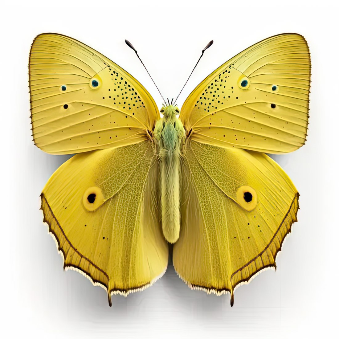 Yellow butterfly with green spots on its wings.