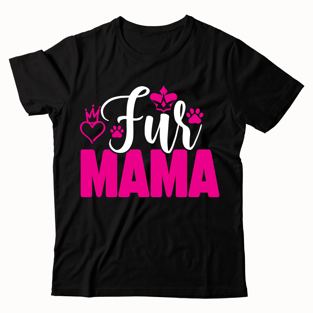 Black shirt with pink lettering that says fur mama.