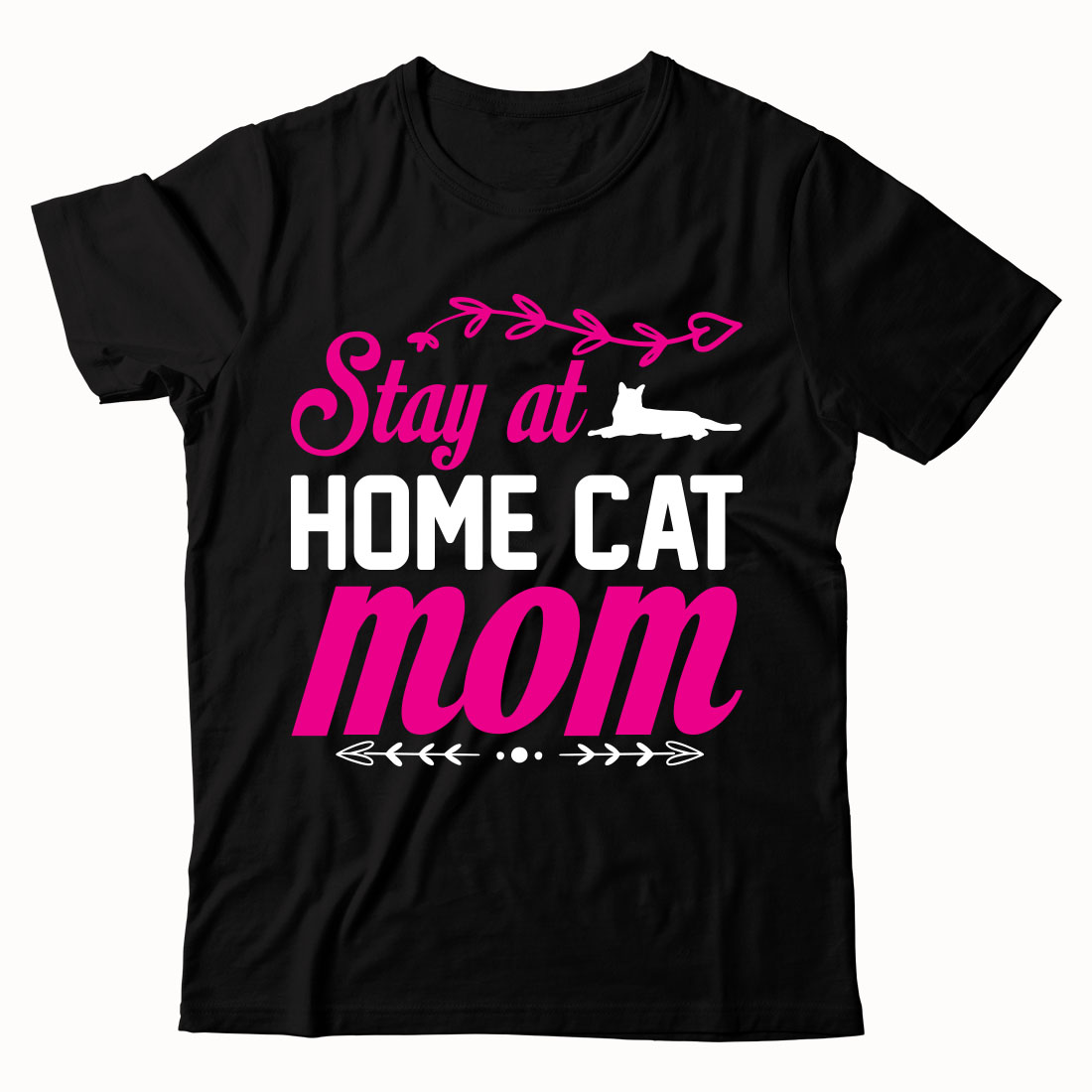 Black t - shirt that says stay at home cat mom.