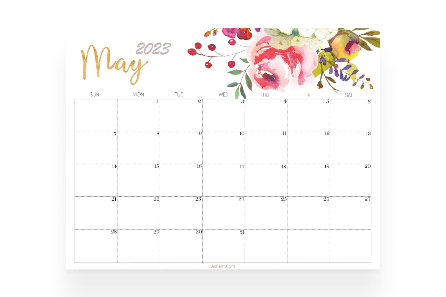 Calendar for May with a white background with a pattern of flowers on top.