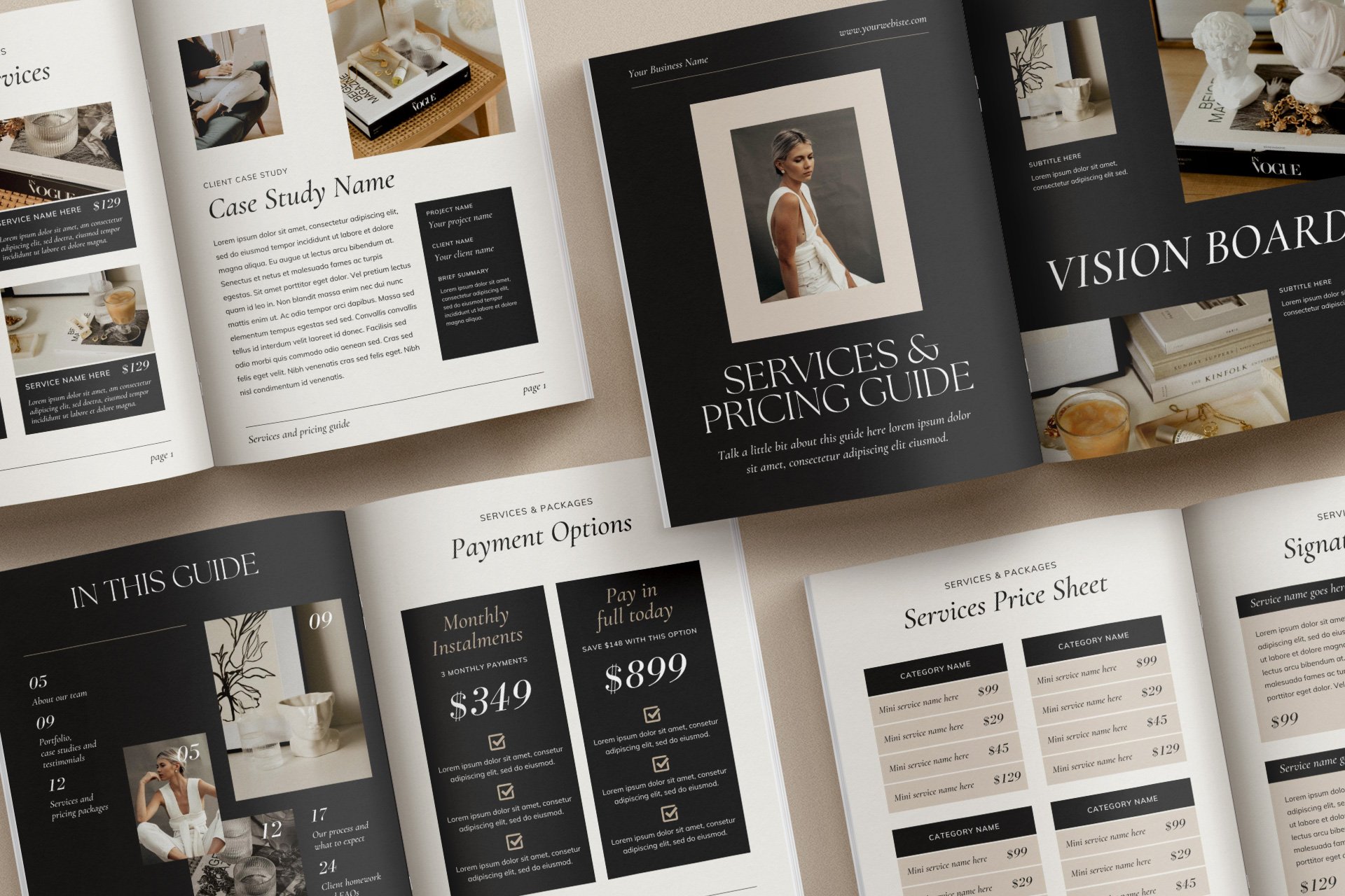 17 elegant black and beige services and pricing guide magazine client brochure editable canva template 286