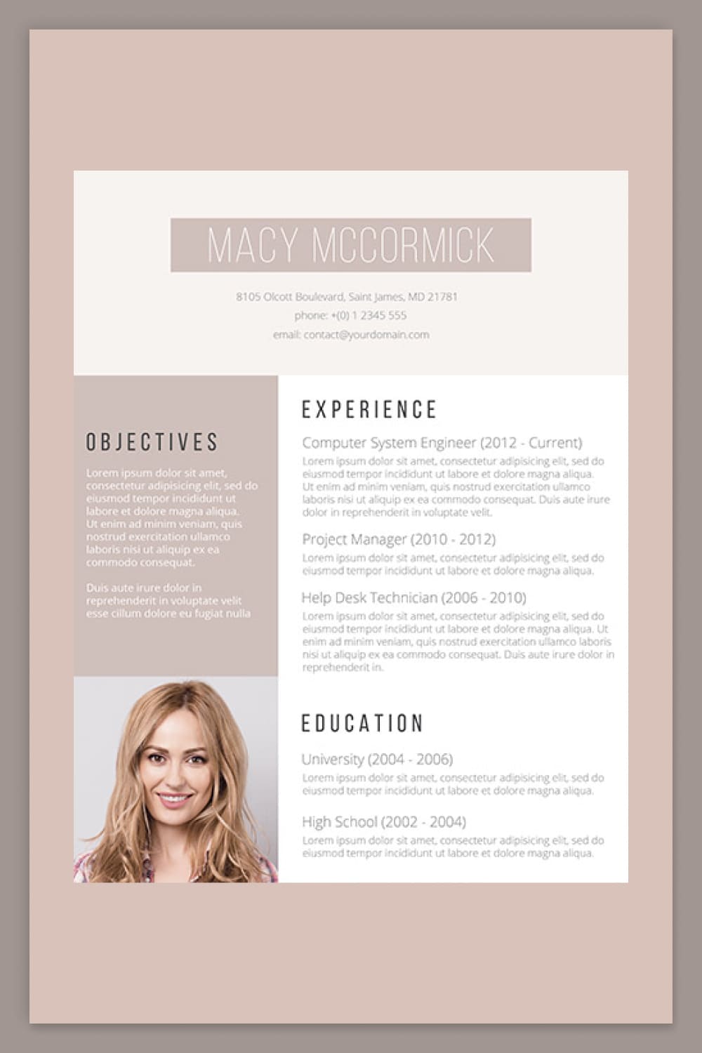 Two column resume with beige color scheme.