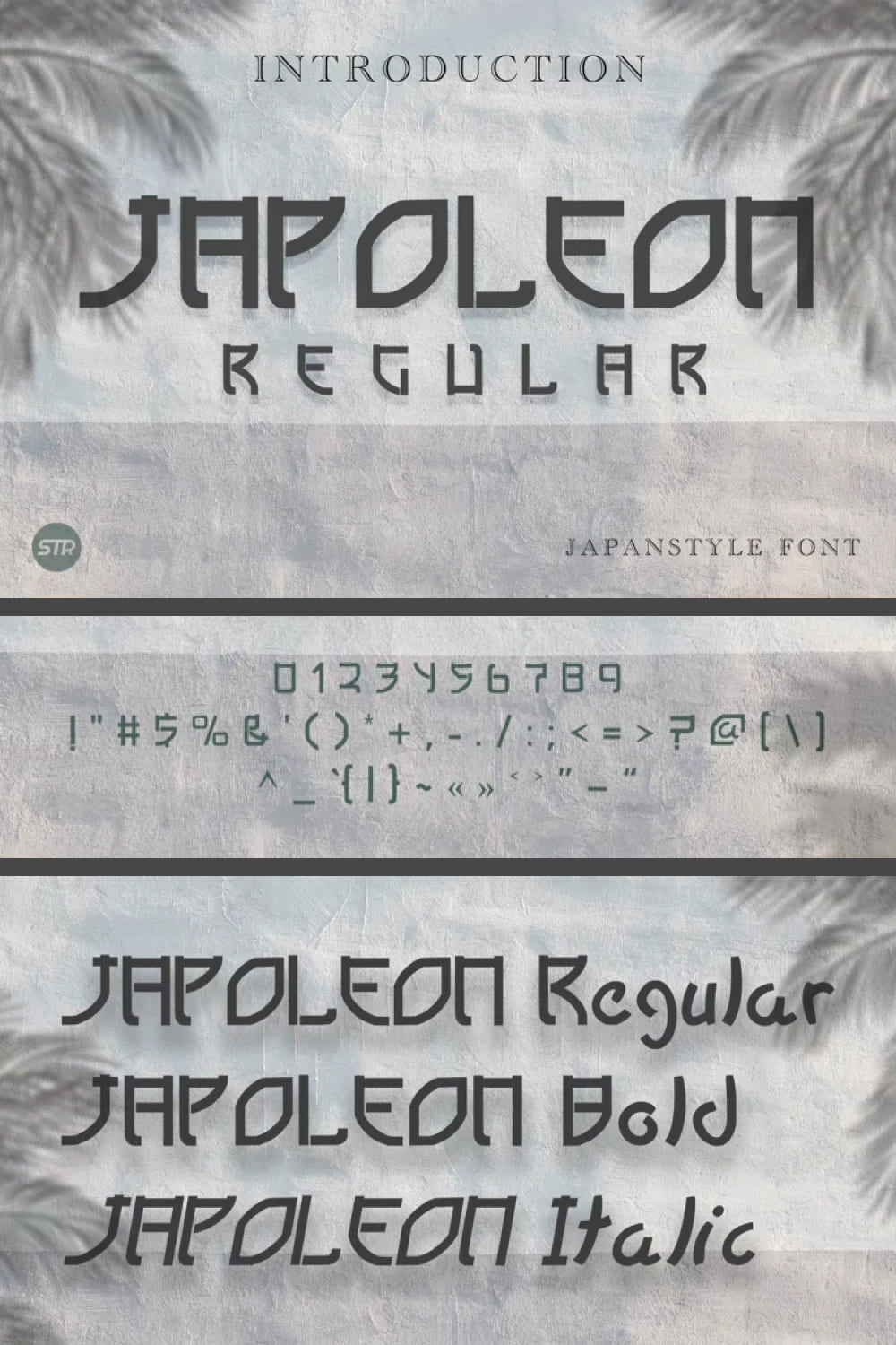 An example of a Japoleon Regular font in black on a gray background.