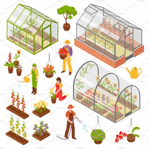 Isometric 3d greenhouse icon set cover image.