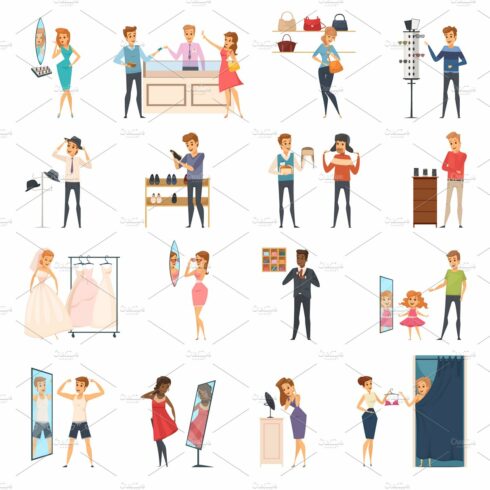 People in store flat icons set cover image.