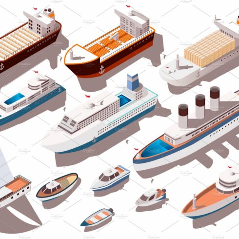 Ships and boats isometric set cover image.