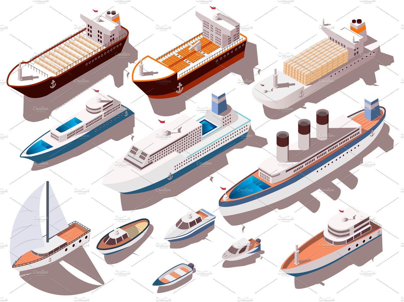 Ships and boats isometric set cover image.