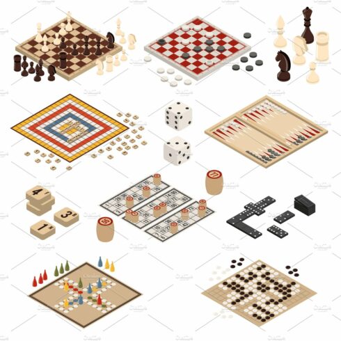 Isometric board games icon set cover image.