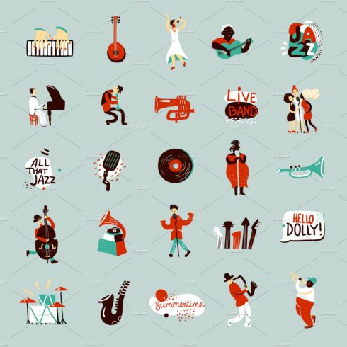 Jazz musicians and instruments icons cover image.