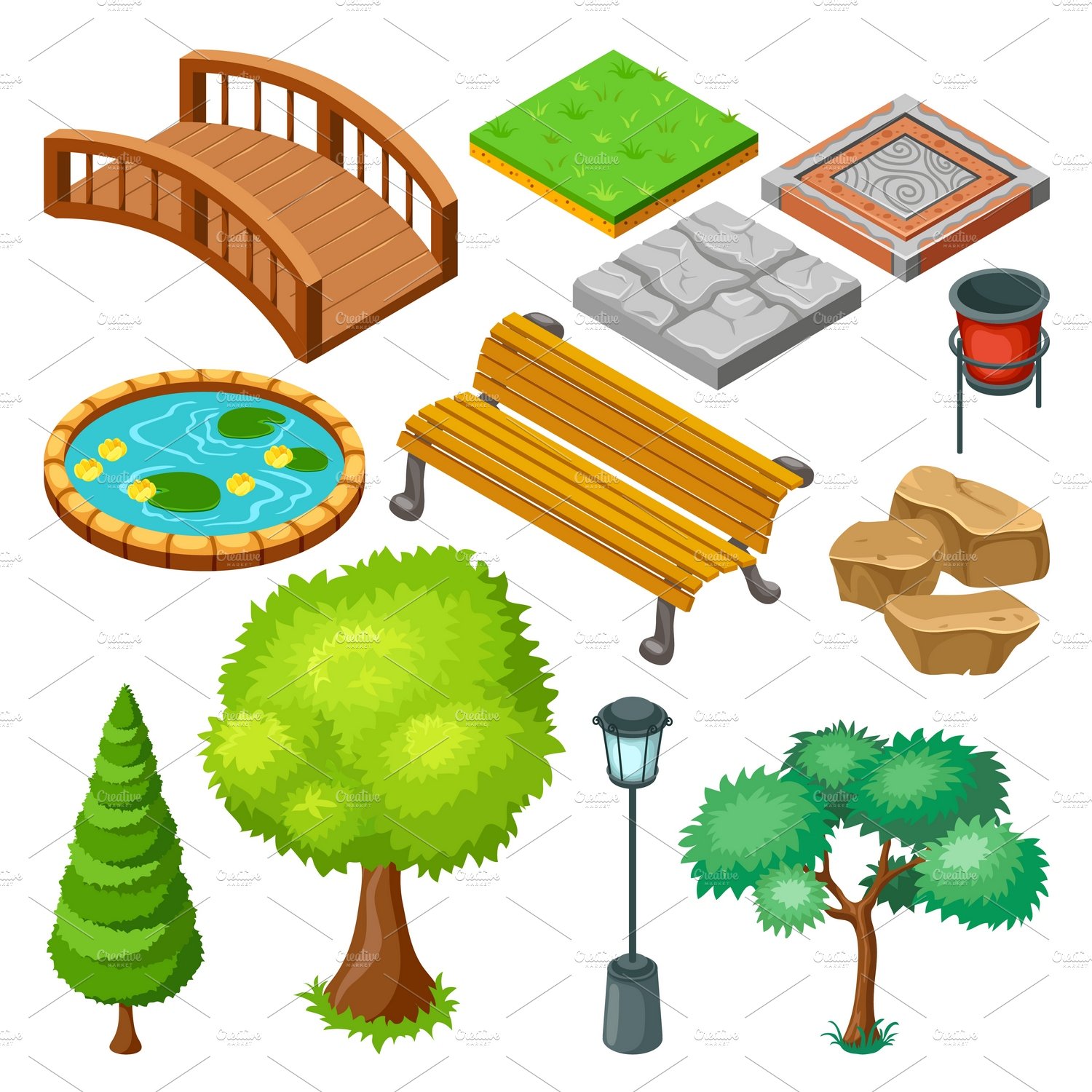 Isometric Park Landscape Icons Set cover image.