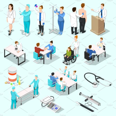 Isometric doctor and patients set cover image.
