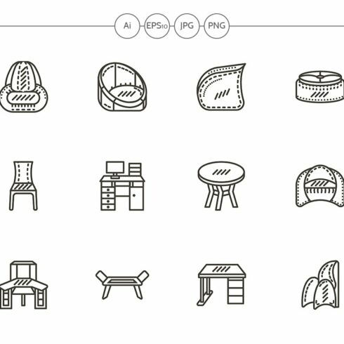 Chairs and tables black line icons cover image.