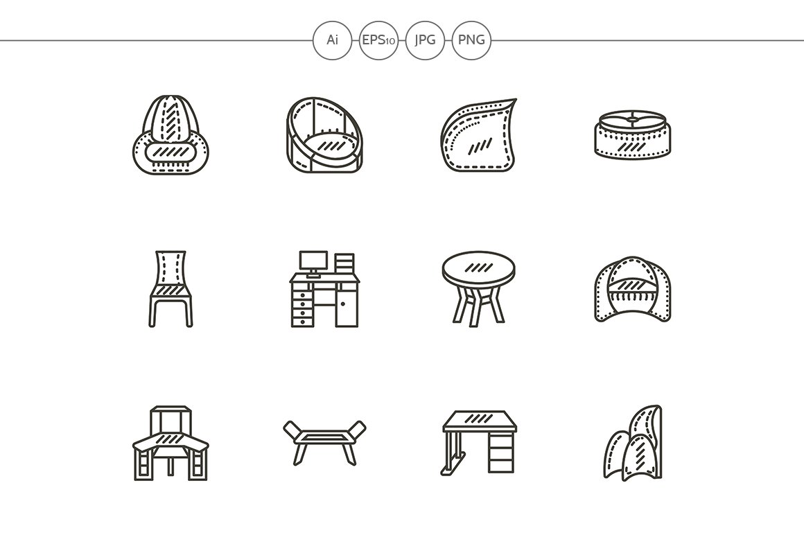 Chairs and tables black line icons cover image.