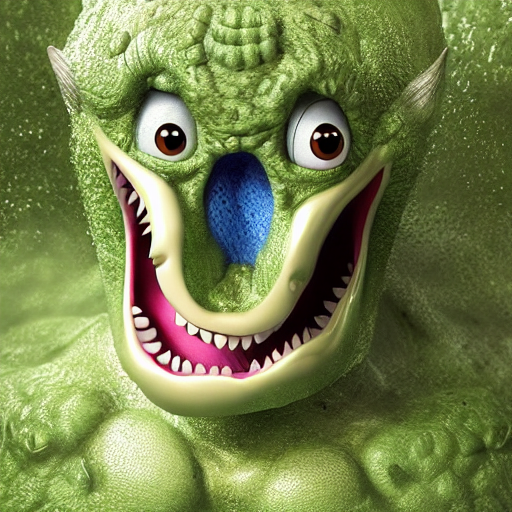 Close up of a green monster with a blue nose.