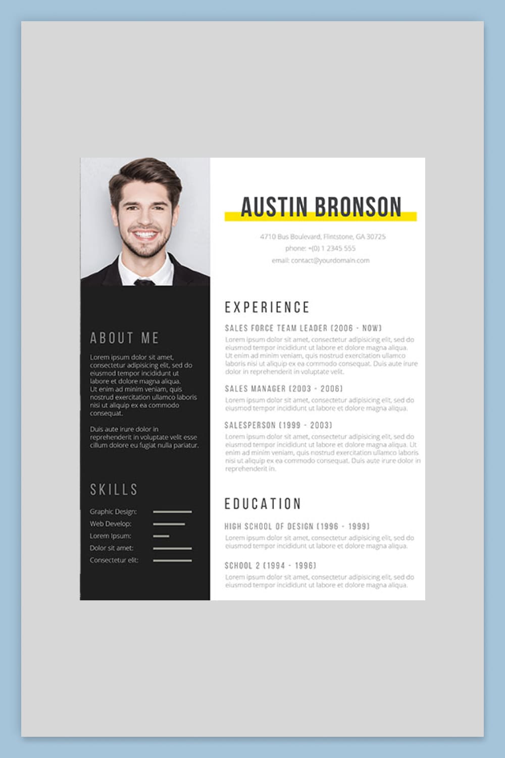 Two-column resume with large photo, black and white background, and yellow accent.