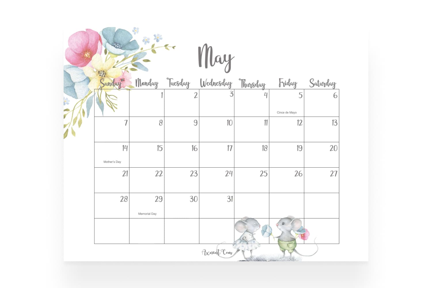Calendar with a adorable mice and colorful flowers and large date boxes with space for notes.