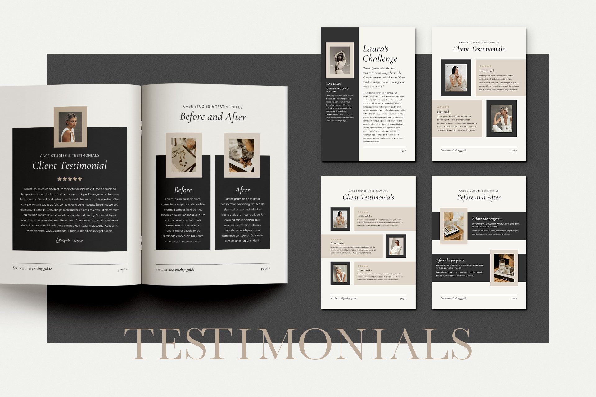 18 elegant black and beige services and pricing guide magazine client brochure editable canva template 977