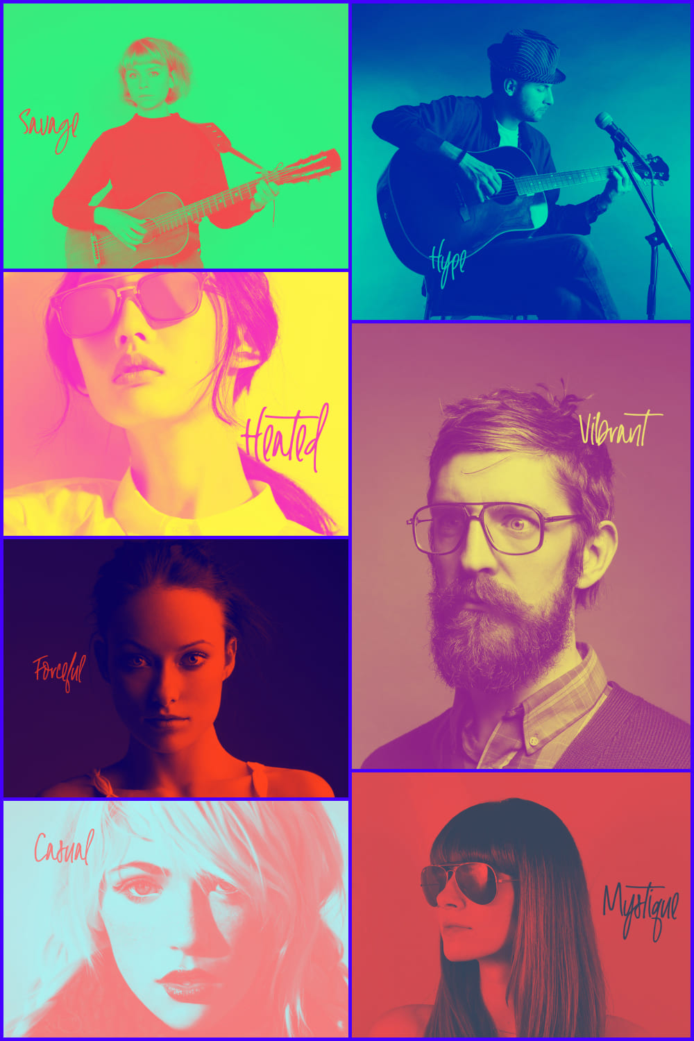 Collage of photos of men and women in different bright colors.