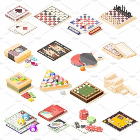 Board games isometric icons set cover image.