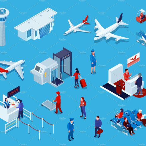 Airport isometric icons set cover image.