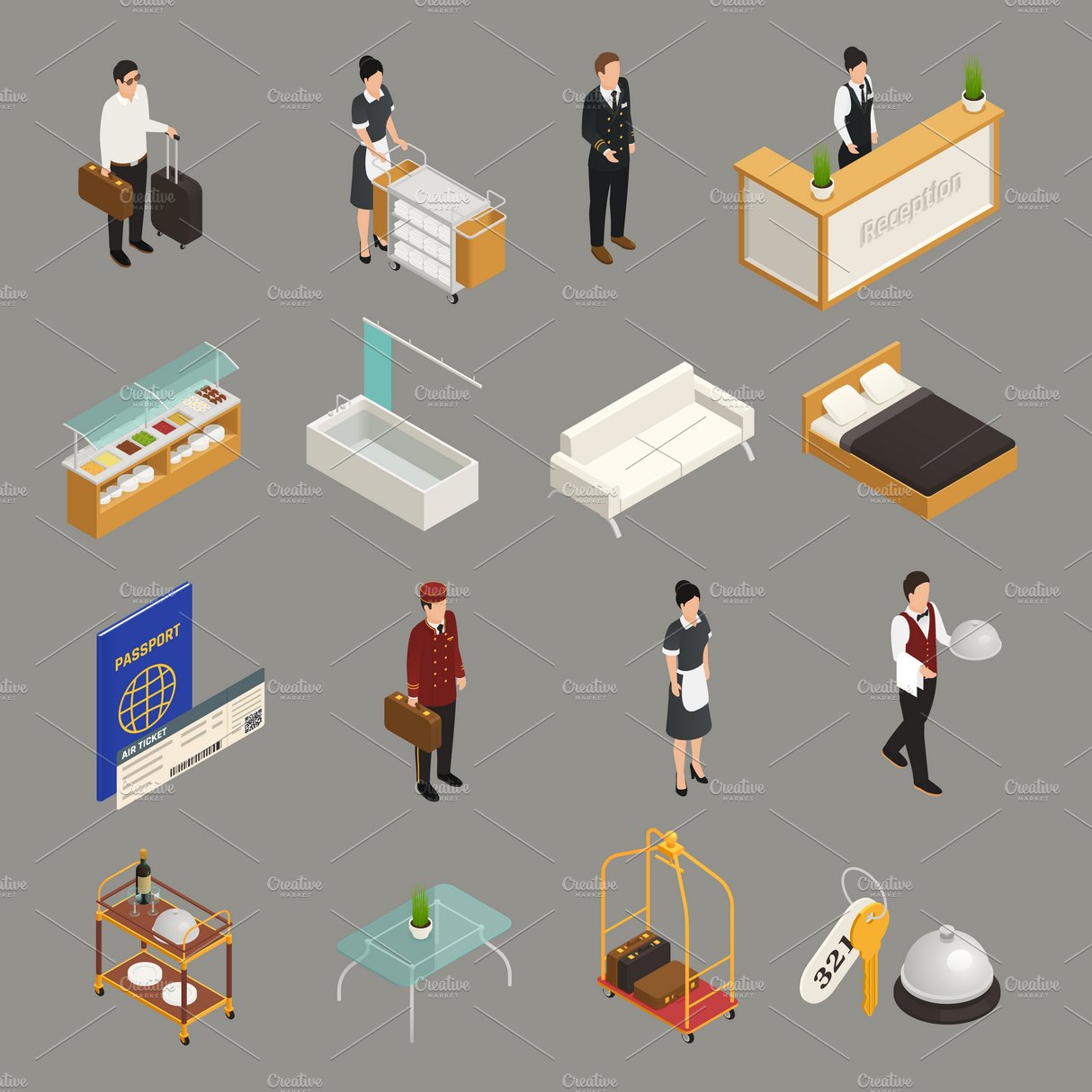 Hotel service staff isometric icons cover image.