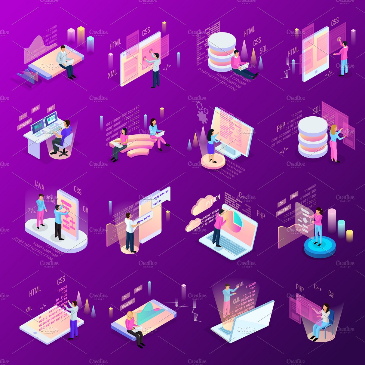 Freelance programming isometric set cover image.